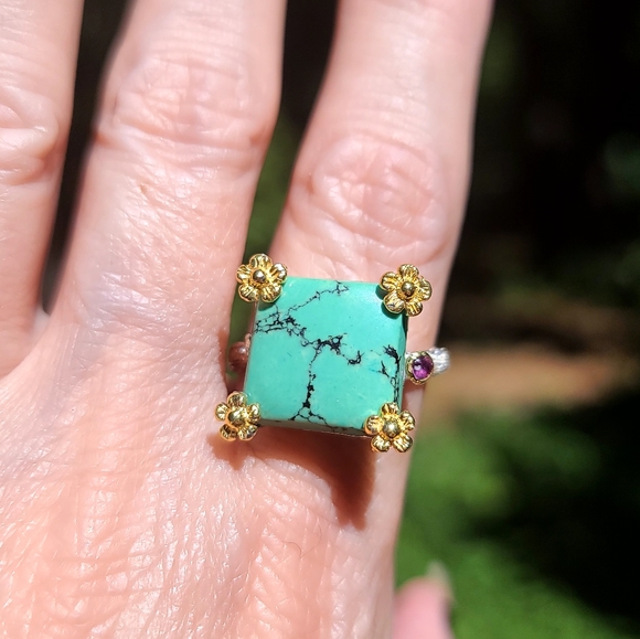 Turquoise & Amethyst sterling & gold daisy ring sz 8.5 - Picture 4 of 9